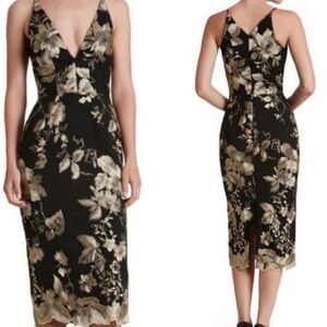 Dress the Population Lucy Gold Metallic Midi Dress Plunging Neckline Sleeveless